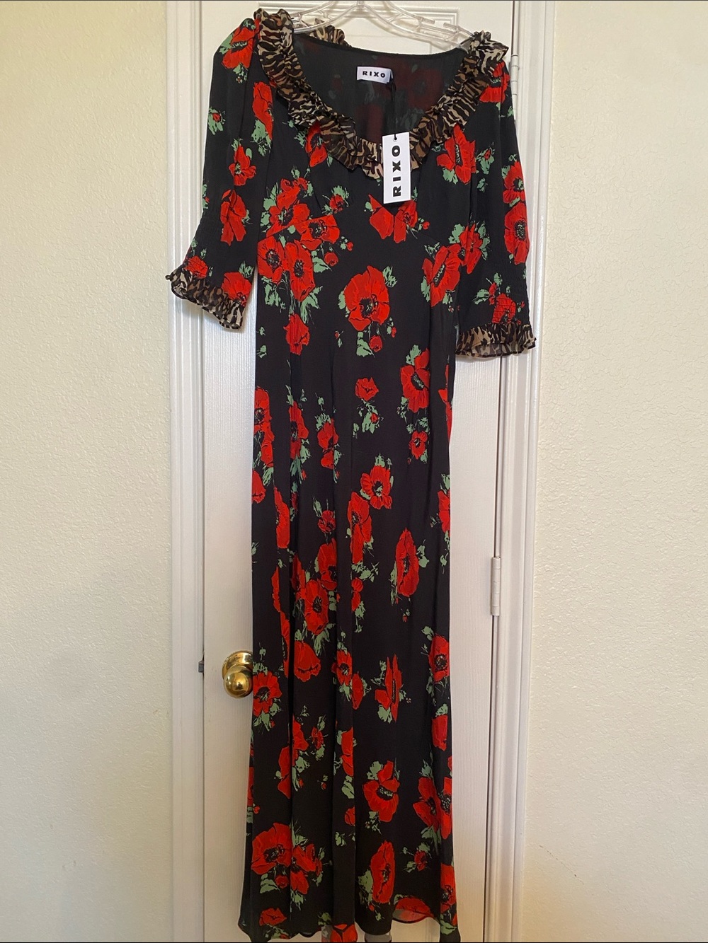 RIXO Black Maxi Dress with Red Floral Print and Leopard Trim